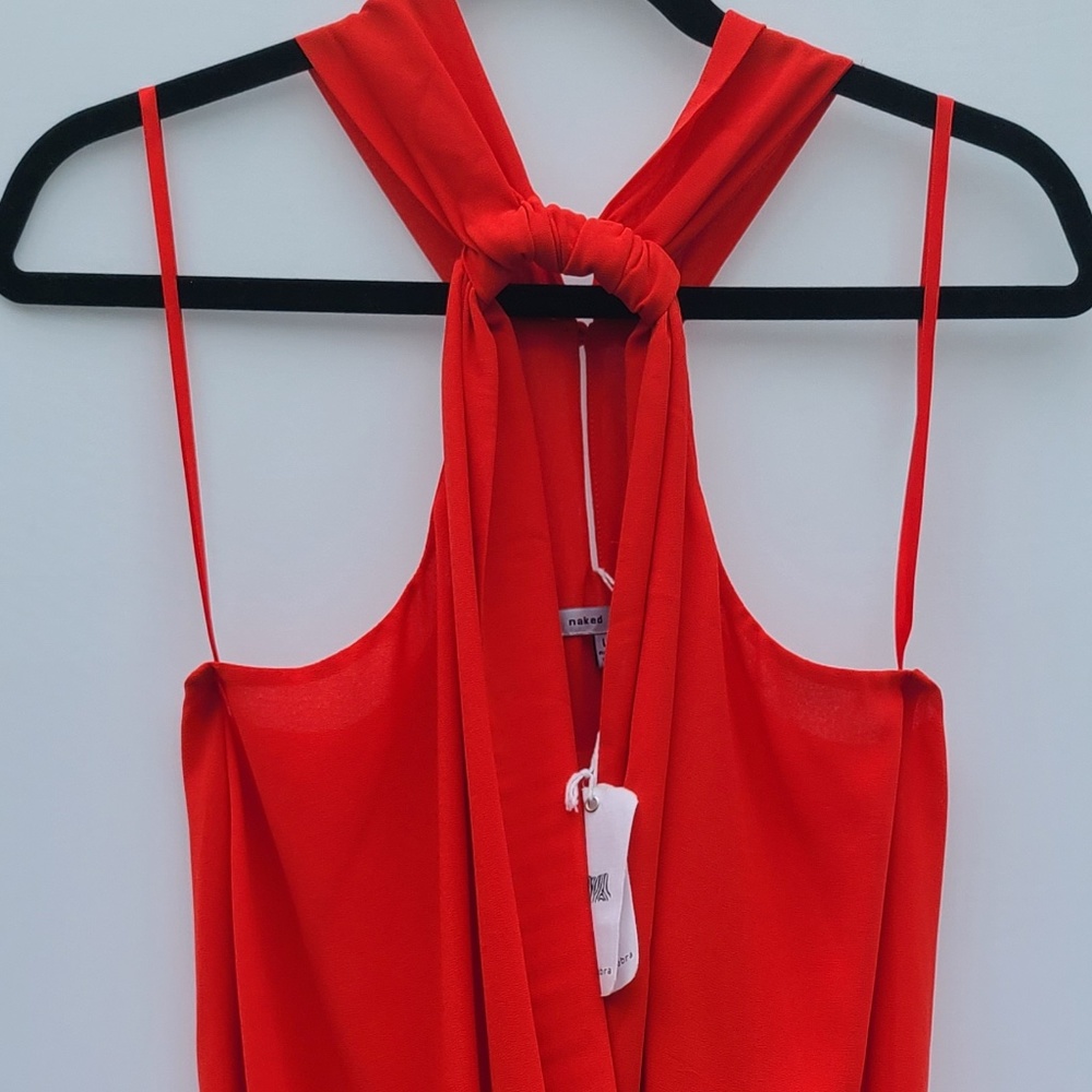 Naked Zebra Red-Orange Twist Halter V Neck Tank